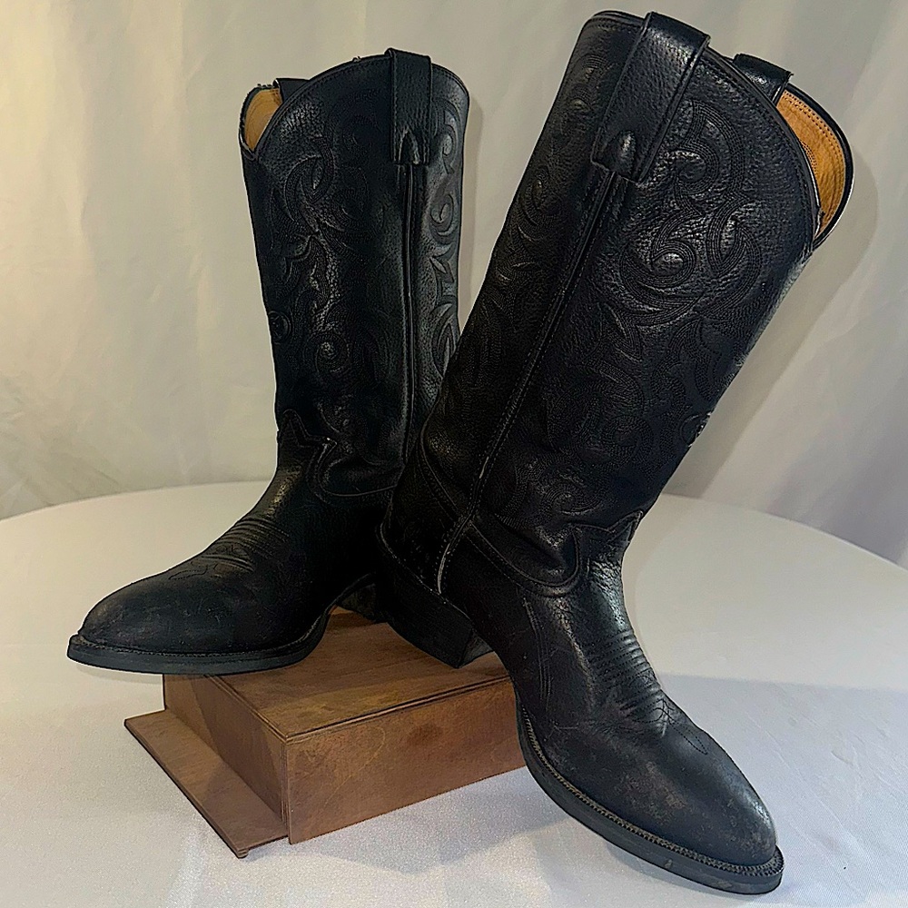 Tony Lama Deertan RR4002 Men's US 10D Black Leather Buckaroo Cowboy Western Boot